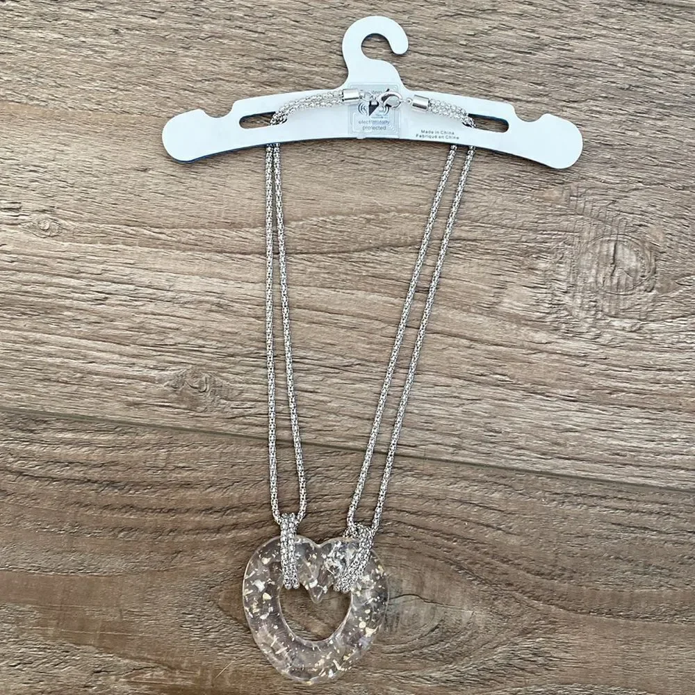 Urban Outfitters Acrylic Clear Oversized Heart Pendant Necklace w Silver Chain